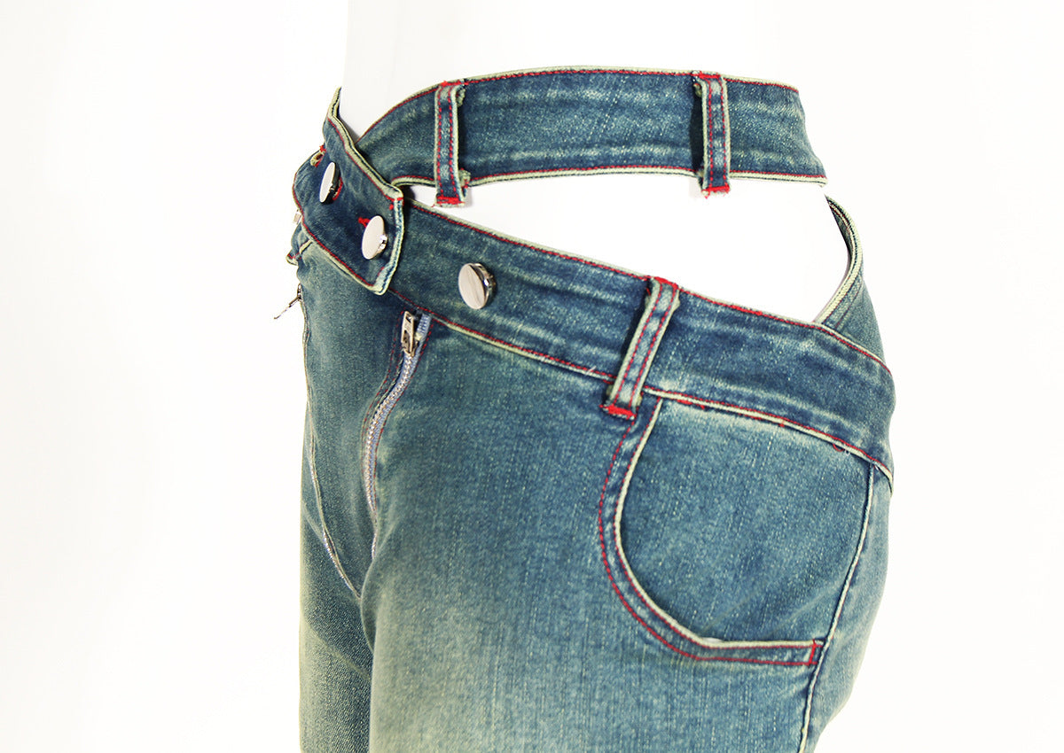 Slim Fit Hollow High Waist Pleated Placket Hot Girl Denim Bell-bottom Pants